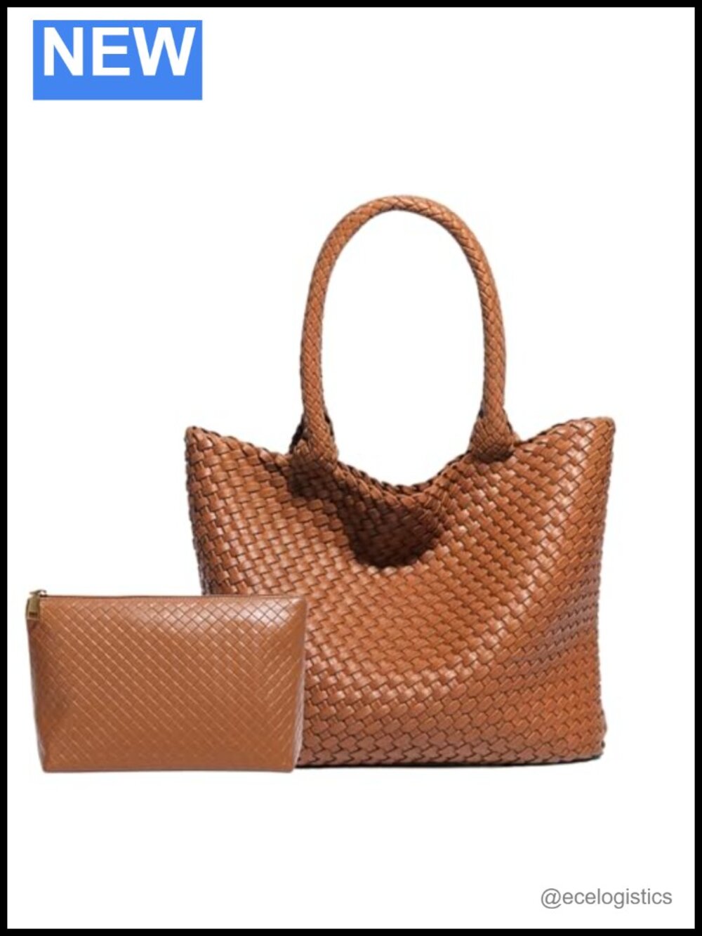 Large Woven Vegan Leather Tote Bag with Removable Pouch for Women
